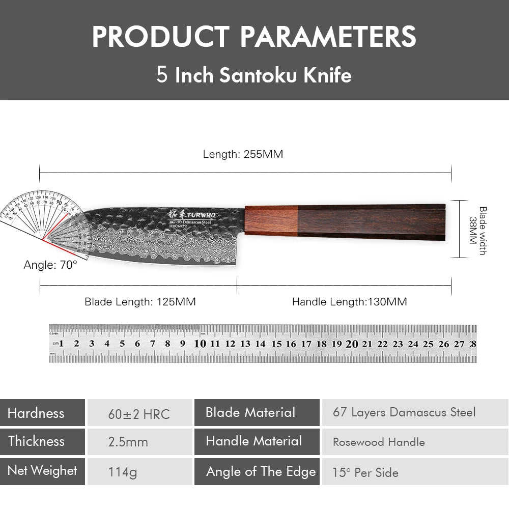 Santoku Utility Knife 125mm – Hand-Forged Damascus Steel, Japanese Style