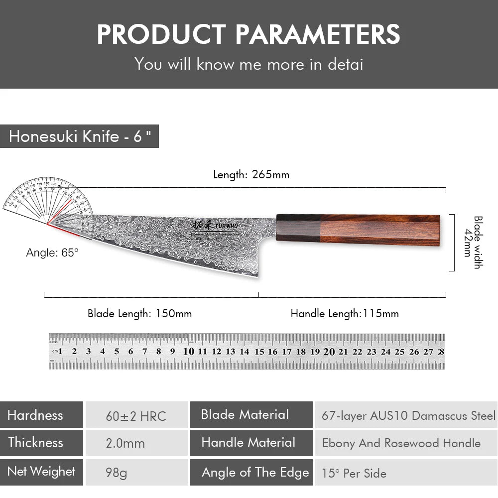 Honesuki Knife 150mm – Hand-Forged Damascus Steel, Japanese Boning Knife