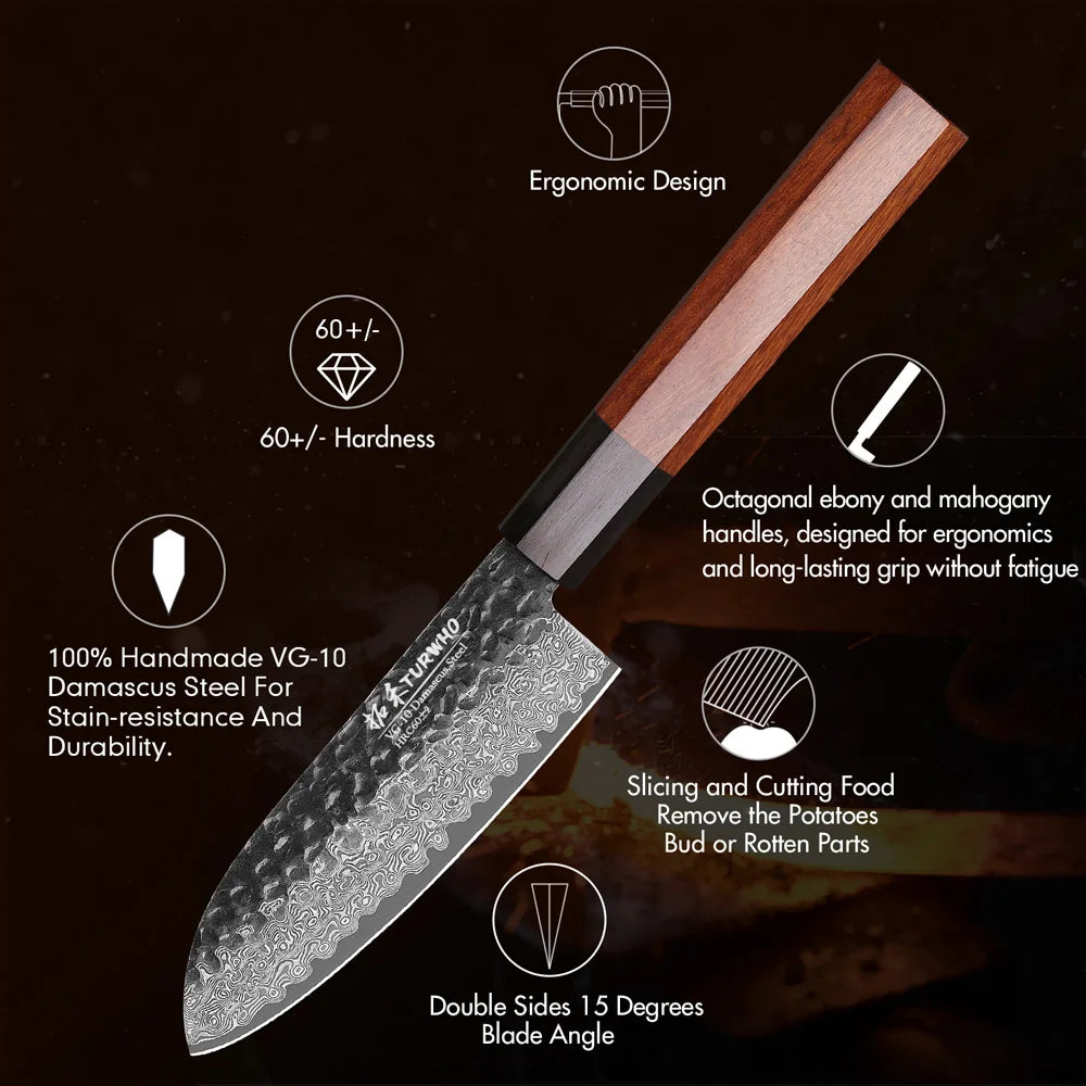 Santoku Knife 125mm – Handmade Damascus Steel, Octagonal Handle, Japanese Utility Knife