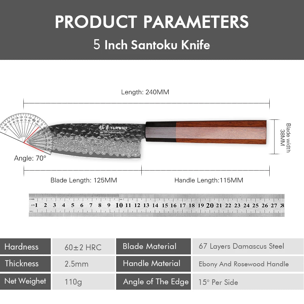 Santoku Knife 125mm – Handmade Damascus Steel, Octagonal Handle, Japanese Utility Knife