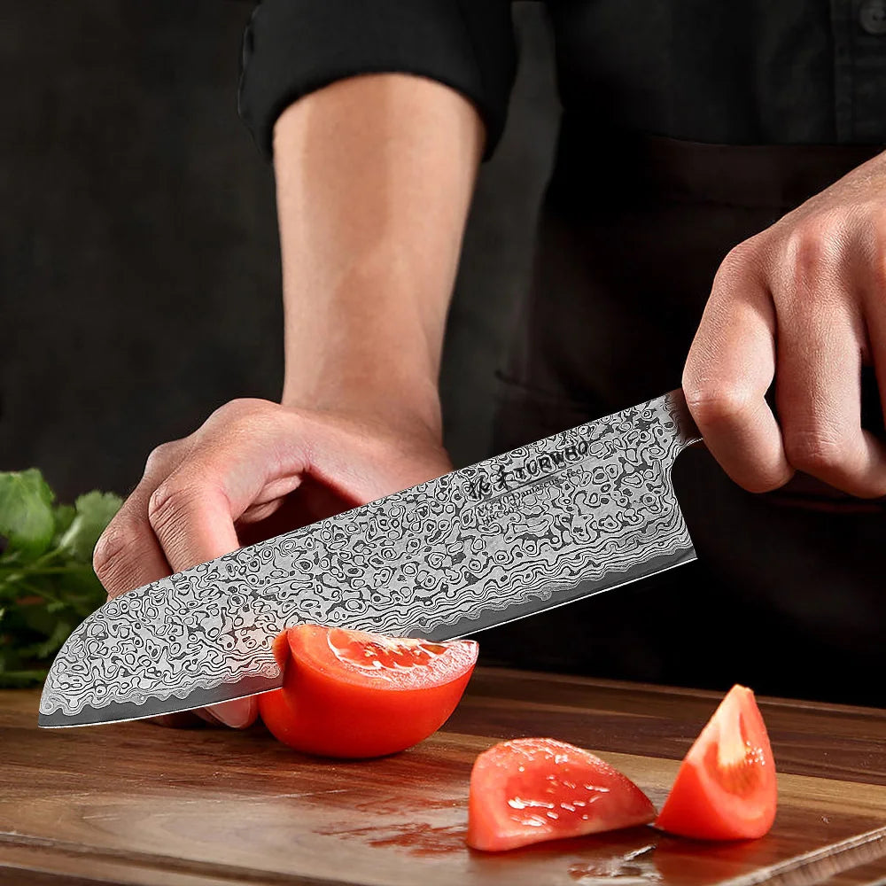 Santoku Knife 180mm – Hand-Forged Real Damascus Steel, Japanese All-Purpose Chef Knife