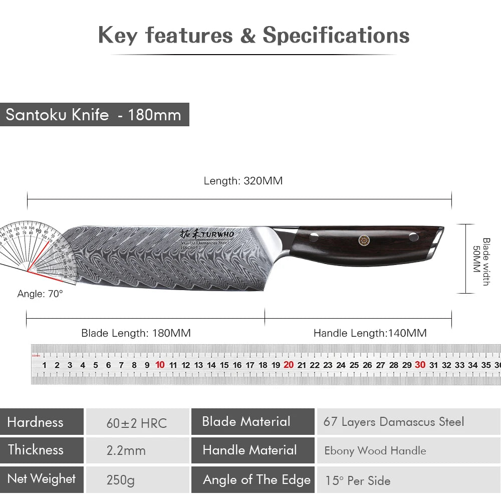 Santoku Knife 180mm – Damascus Steel, All-Purpose Japanese Chef’s Knife