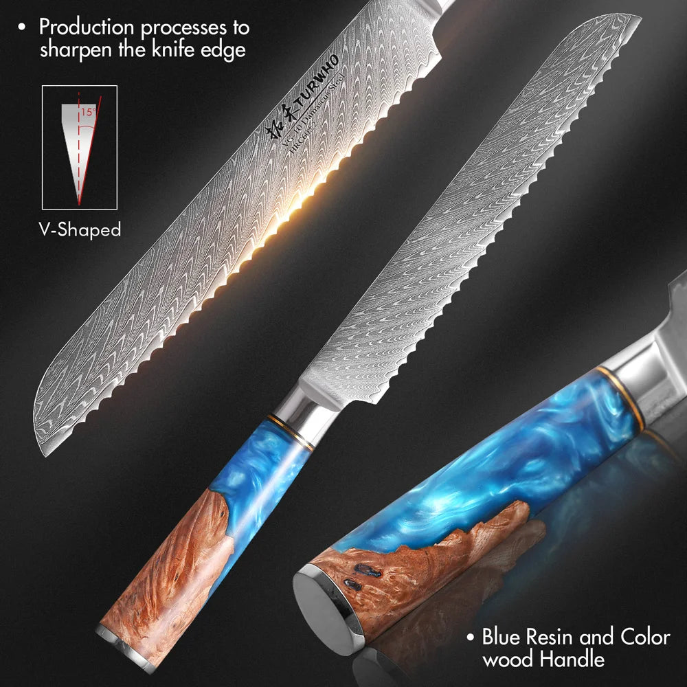 Serrated Bread Knife 190mm – Damascus Steel, Ideal for Bread, Cake & Cheese
