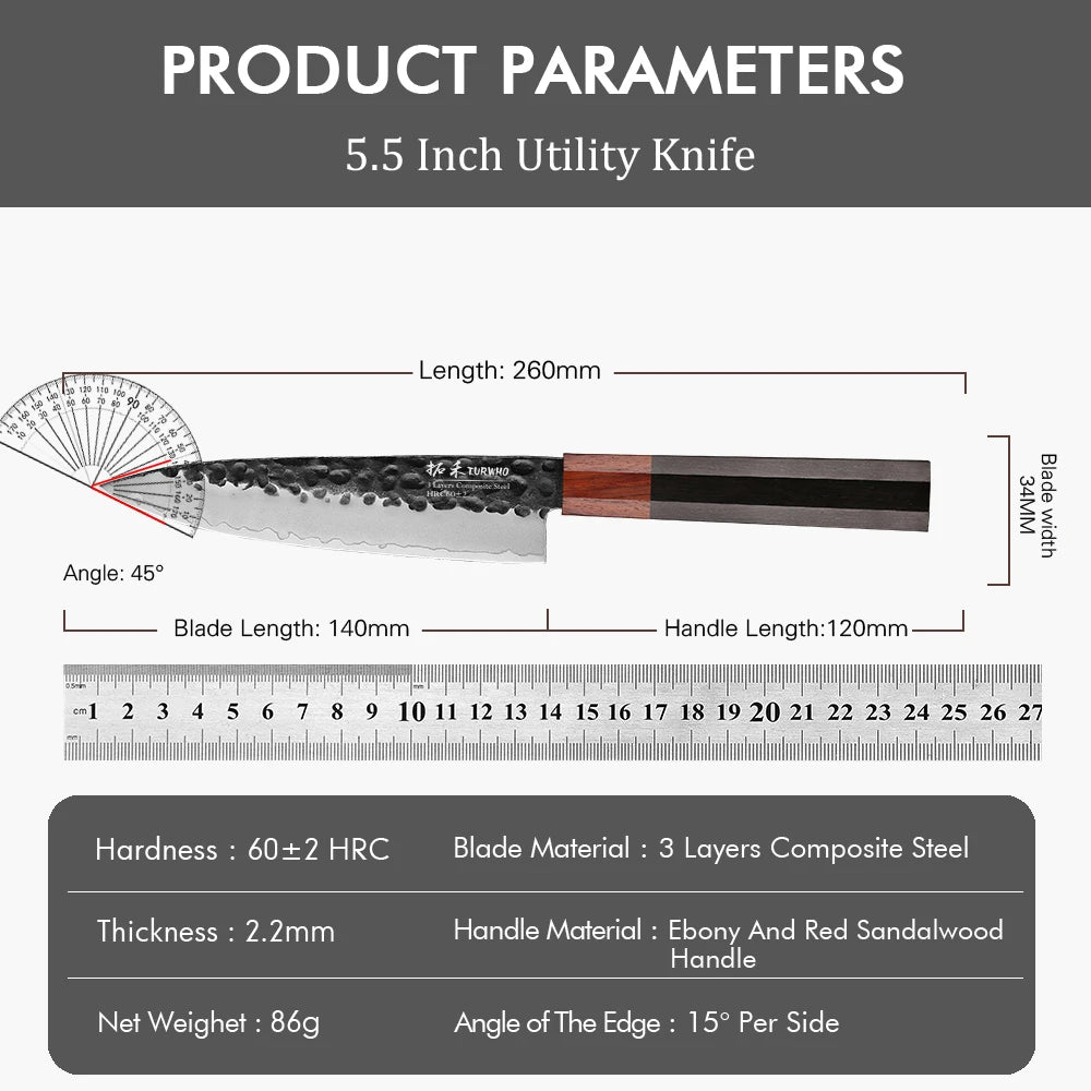Utility Knife 140mm – Hand-Forged 3-Layer Composite Steel, Paring & Prep Knife