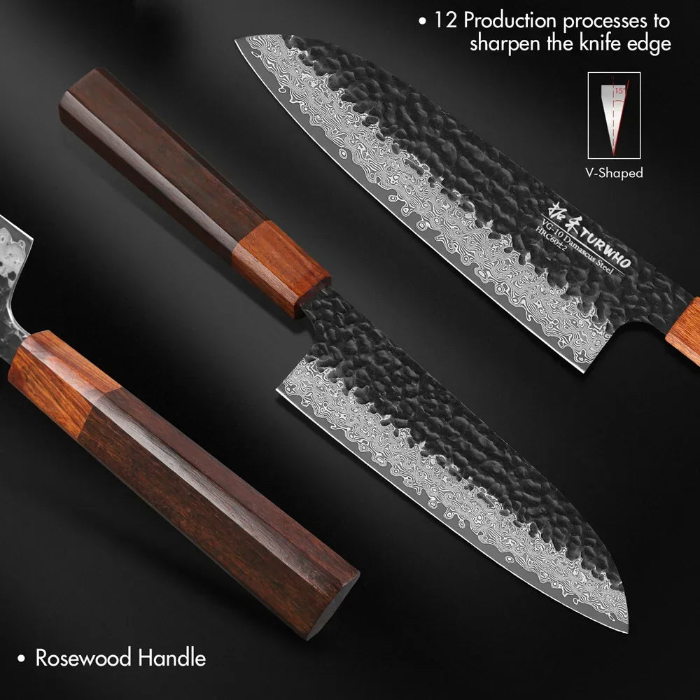 Santoku Knife 180mm – Hand-Forged Japanese Damascus Steel, Versatile Slicing Utility