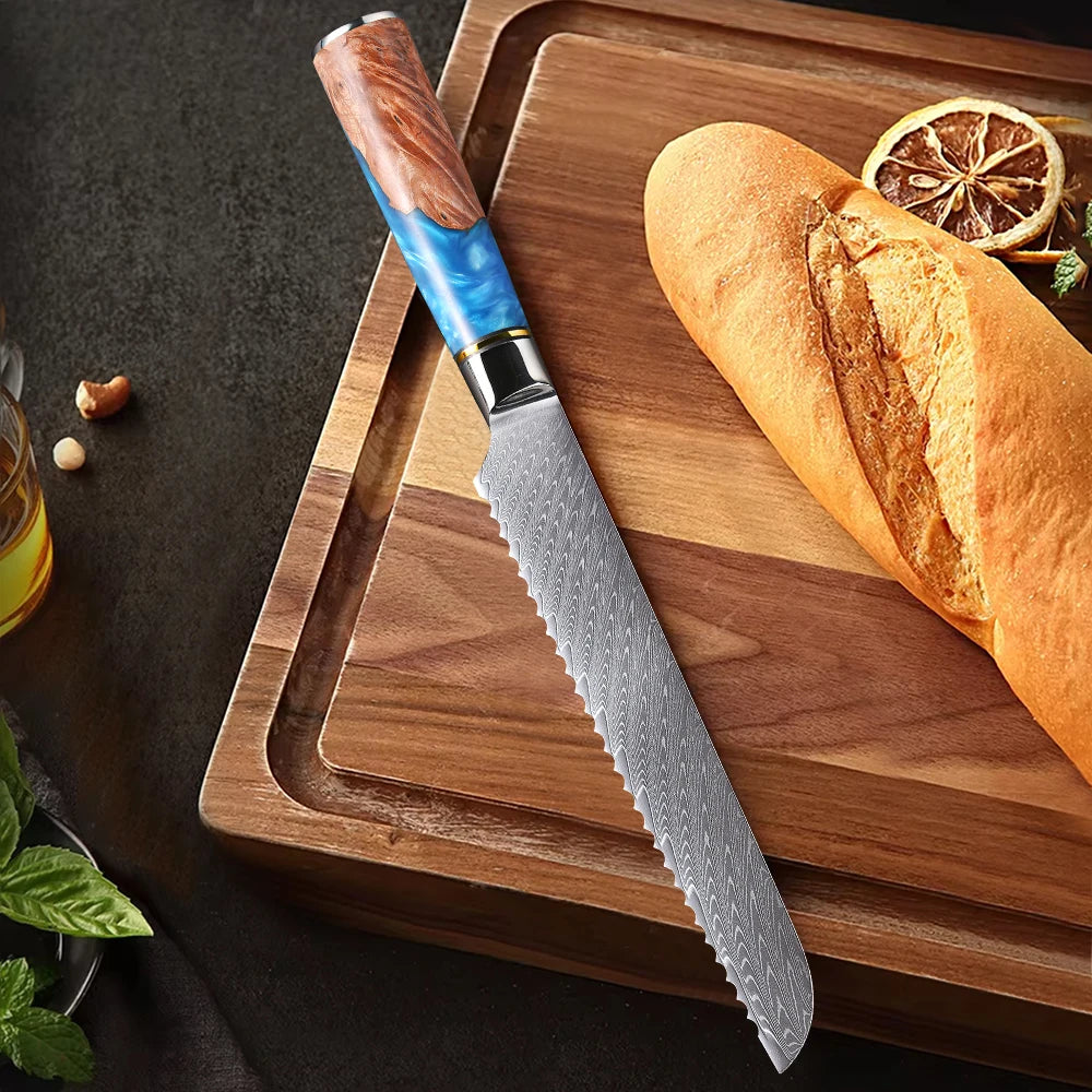 Serrated Bread Knife 190mm – Damascus Steel, Ideal for Bread, Cake & Cheese