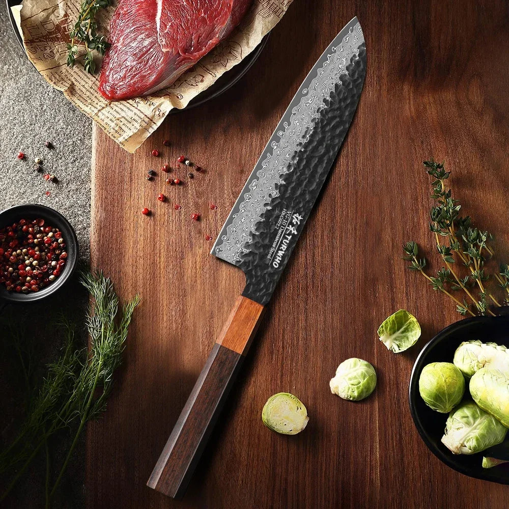 Santoku Knife 180mm – Hand-Forged Japanese Damascus Steel, Versatile Slicing Utility