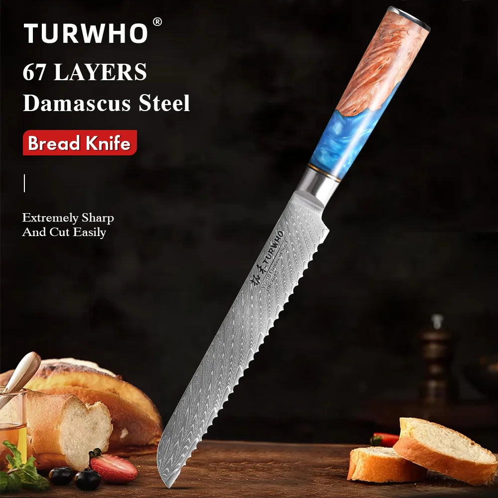 Serrated Bread Knife 190mm – Damascus Steel, Ideal for Bread, Cake & Cheese