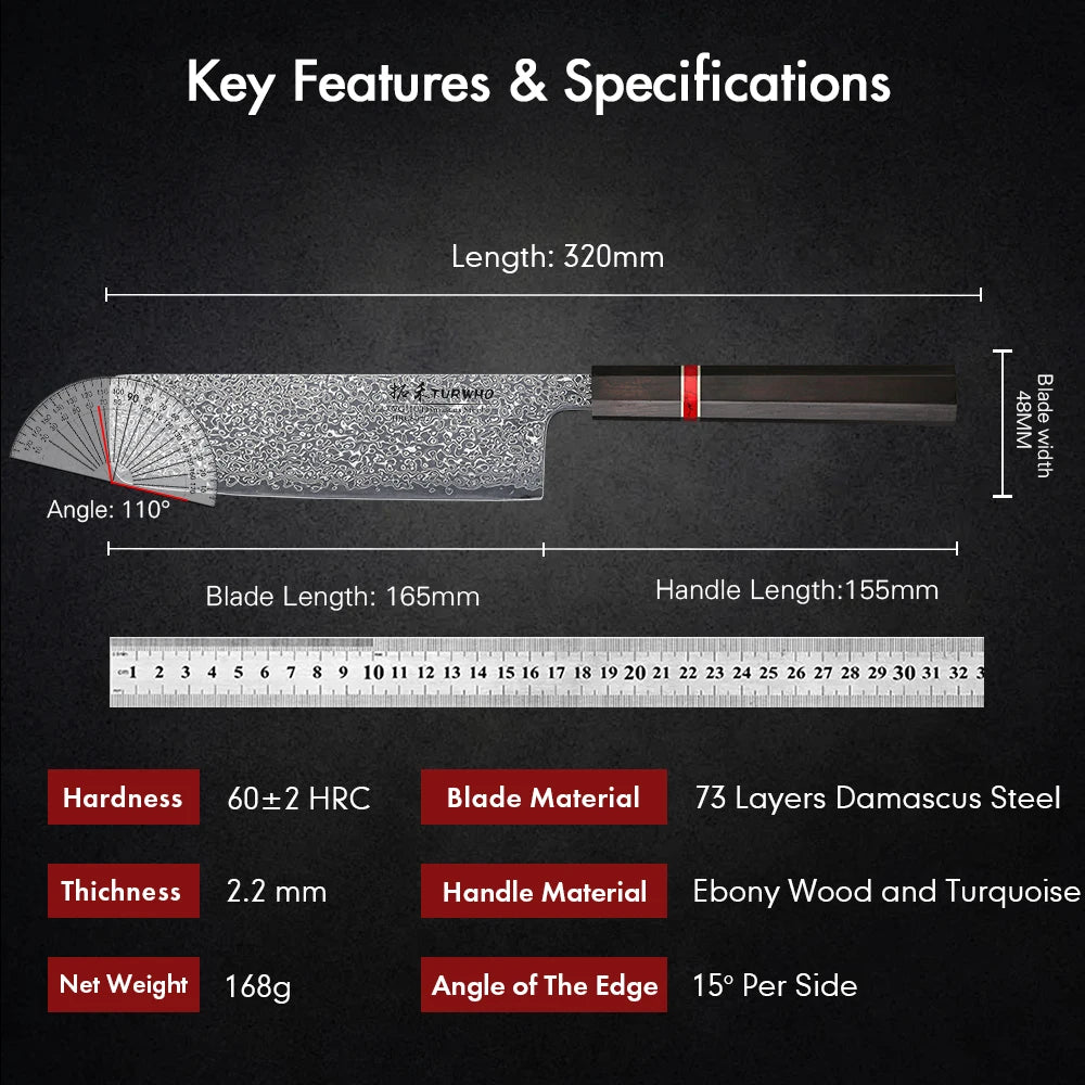 Nakiri Knife 165mm – Hand-Forged Real Damascus Steel, Japanese Vegetable Cleaver
