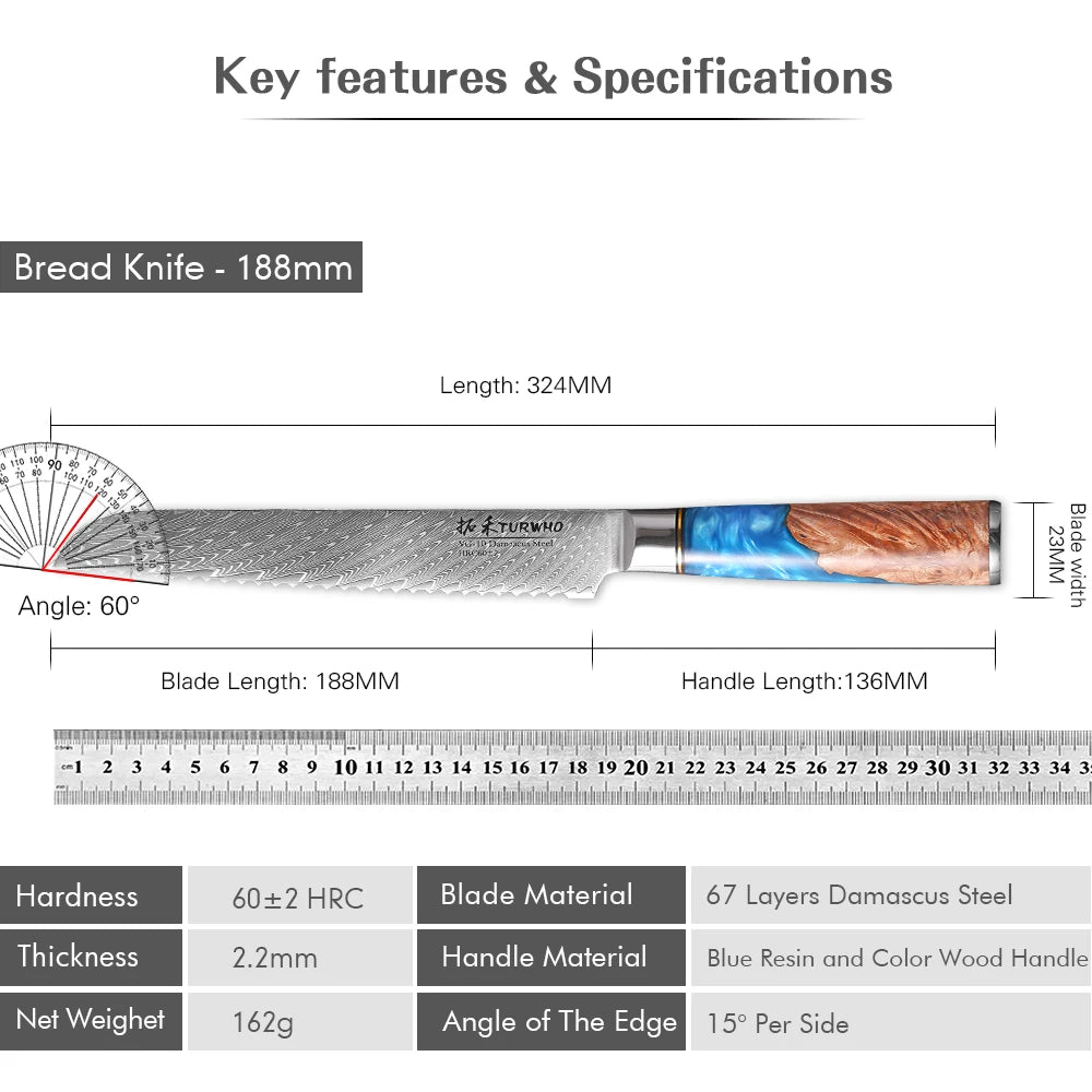 Serrated Bread Knife 190mm – Damascus Steel, Ideal for Bread, Cake & Cheese