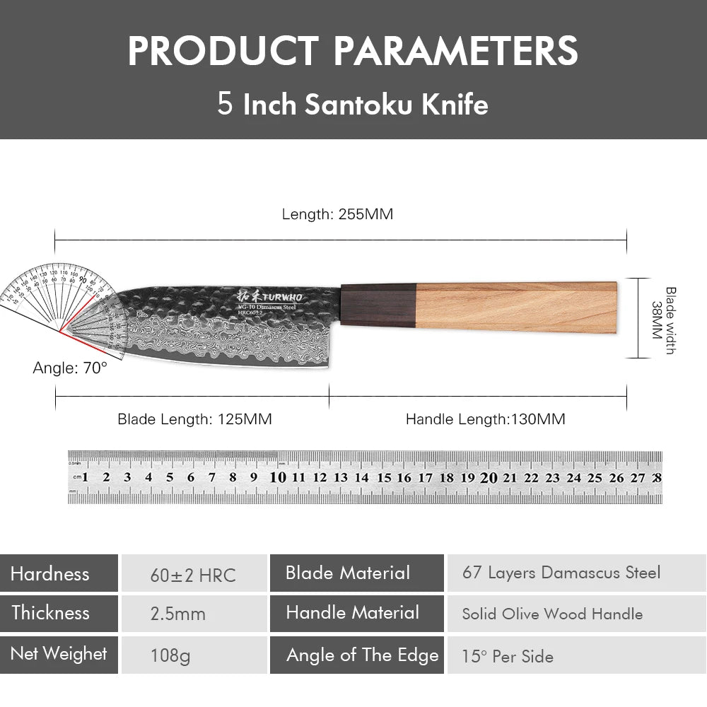 Santoku Knife 125mm – Handmade Japanese Damascus Steel, Vegetable & Utility Cleaver