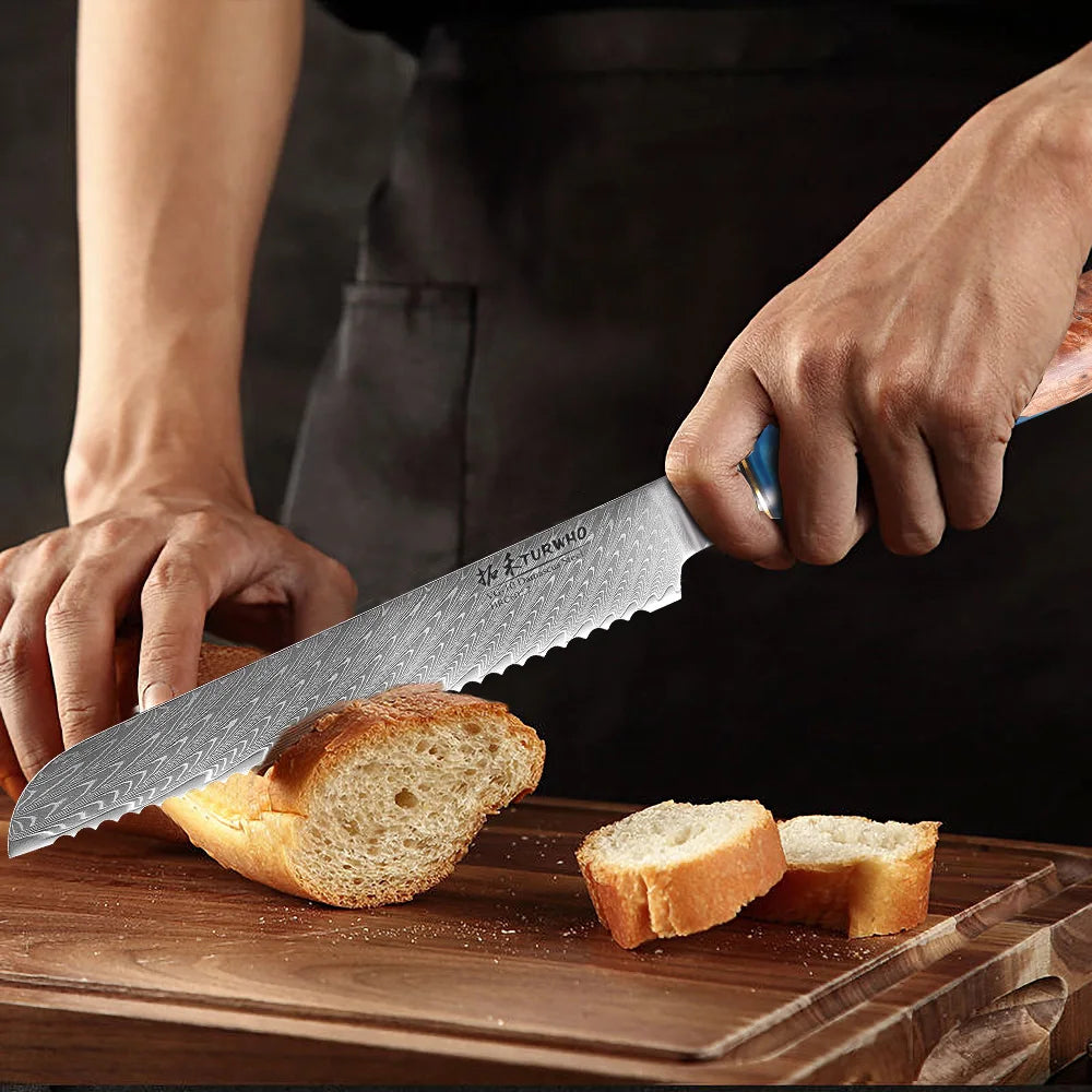Serrated Bread Knife 190mm – Damascus Steel, Ideal for Bread, Cake & Cheese