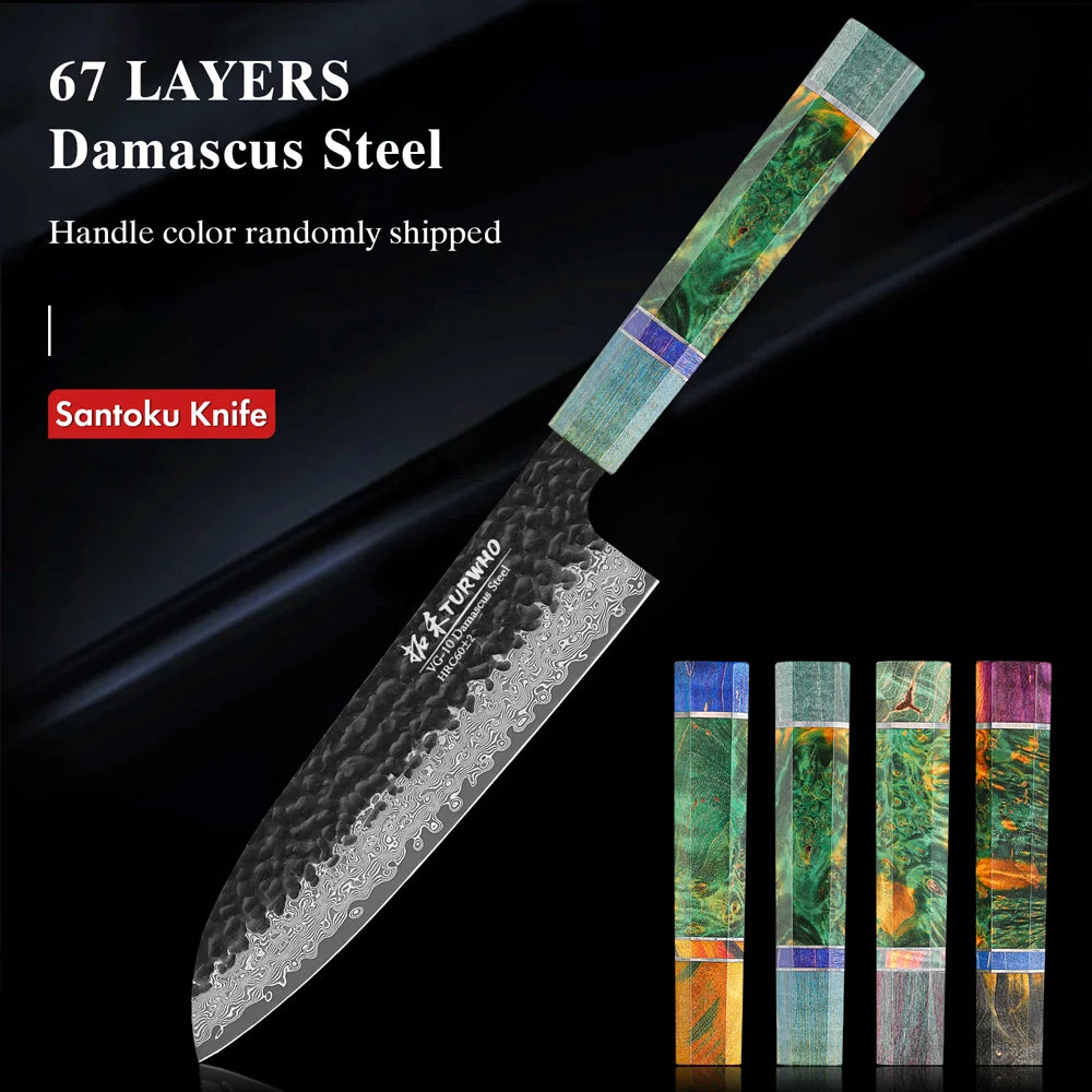 Santoku Knife 180mm – Hand-Forged 67-Layer Damascus Steel, Japanese All-Purpose Knife