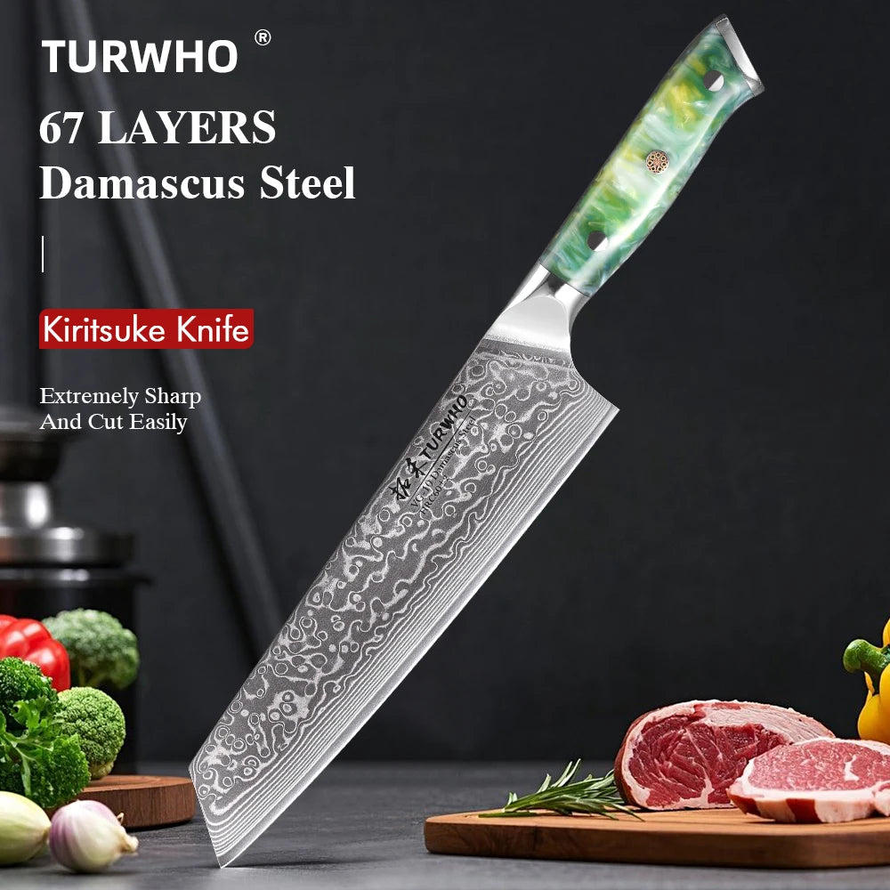 Kiritsuke Knife 210mm – VG10 Damascus Steel, Resin Handle