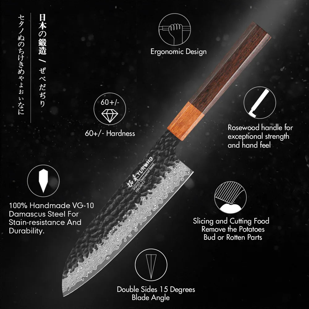 Santoku Knife 180mm – Hand-Forged Japanese Damascus Steel, Versatile Slicing Utility