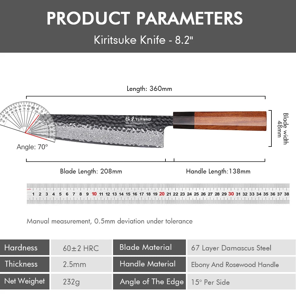 Kiritsuke Knife 210mm – Hand-Forged Japanese Damascus Steel, Precision Chef’s Knife
