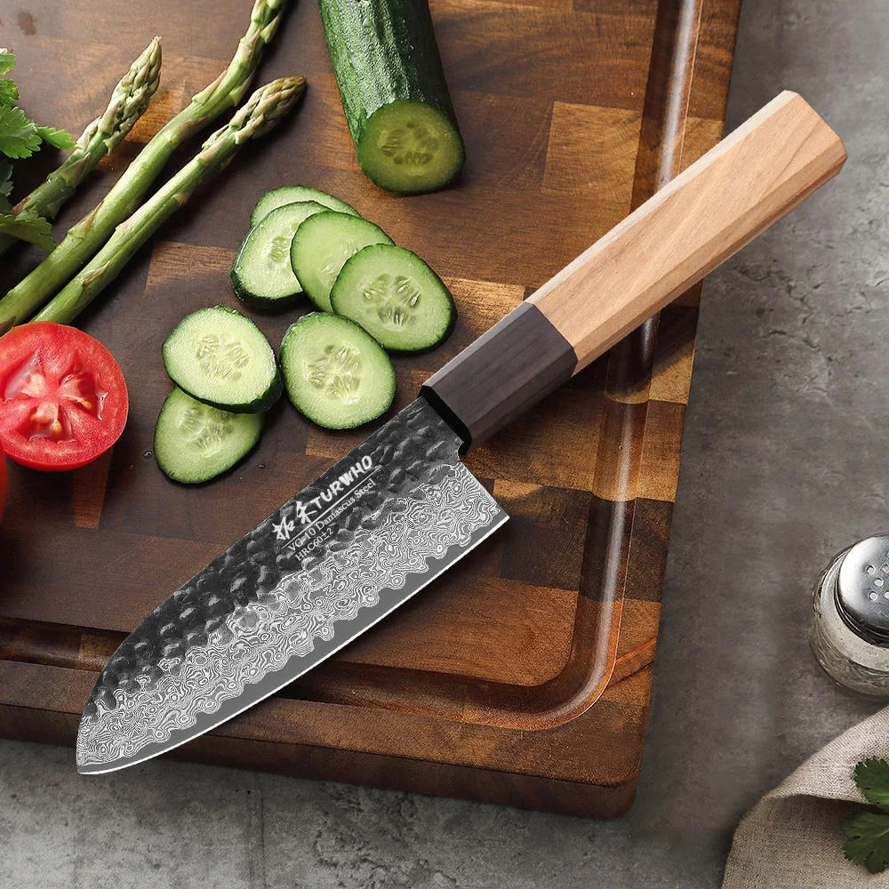 Santoku Knife 125mm – Handmade Japanese Damascus Steel, Vegetable & Utility Cleaver