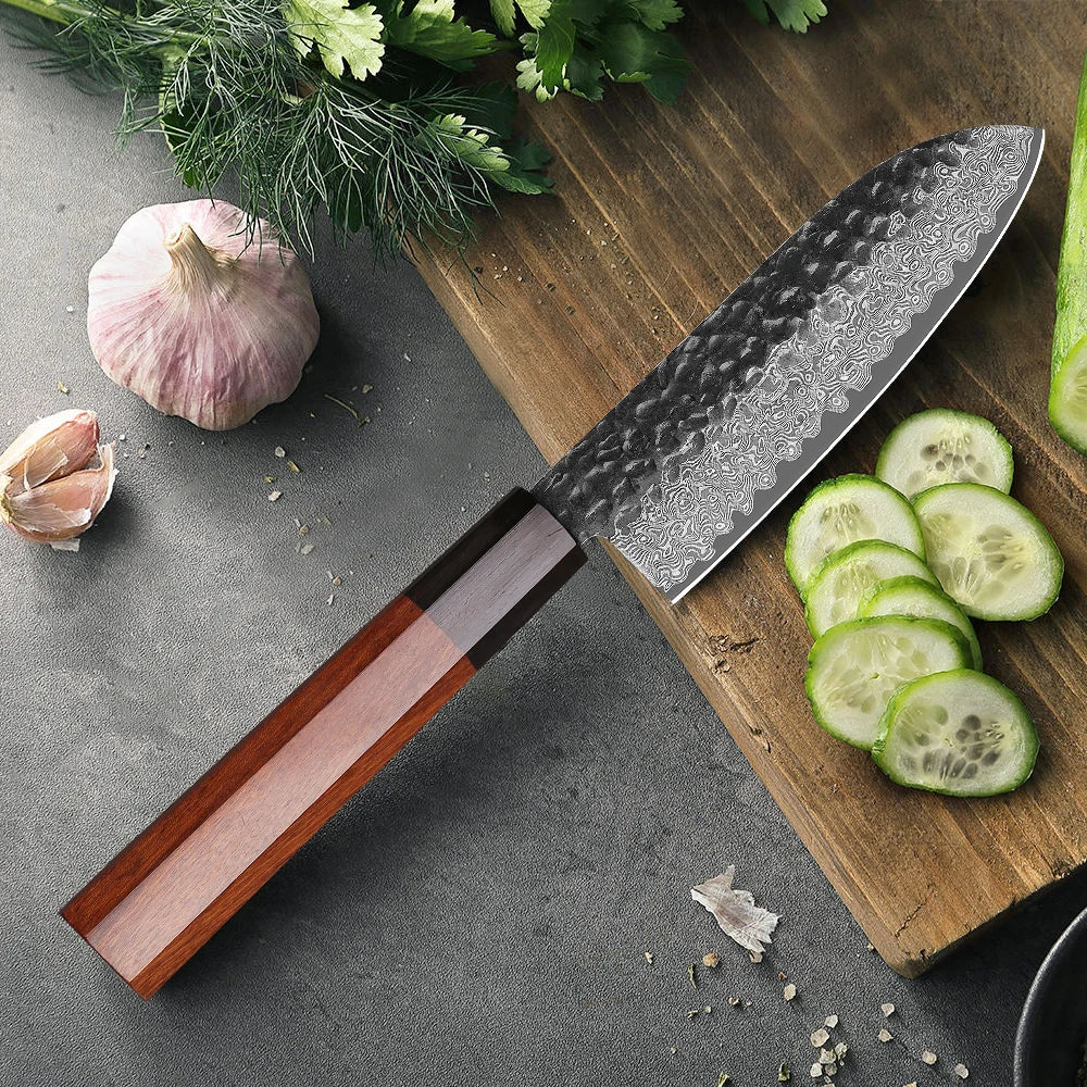 Santoku Knife 125mm – Handmade Damascus Steel, Octagonal Handle, Japanese Utility Knife