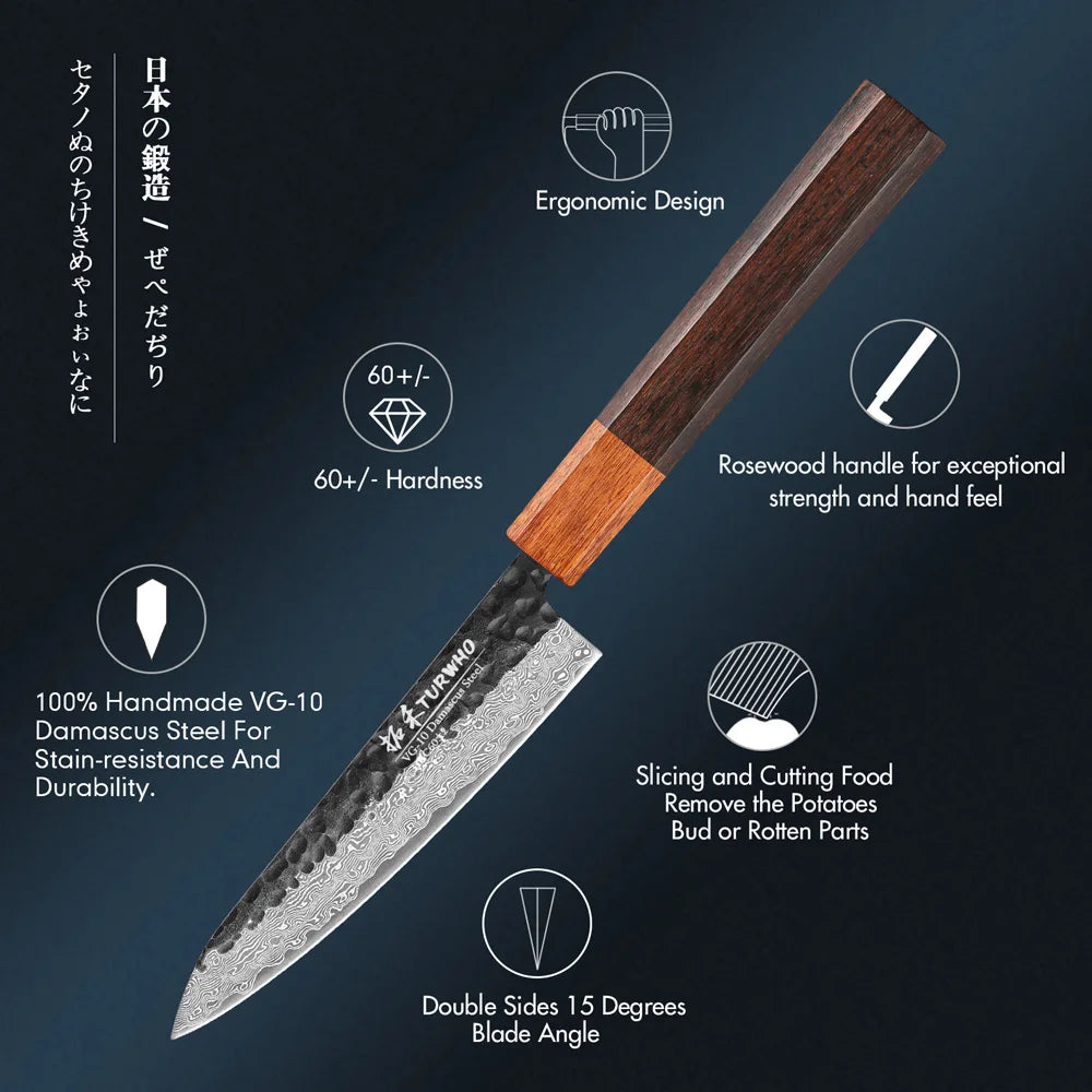 Utility Knife 125mm – Hand-Forged 67-Layer Damascus Steel, Japanese Style