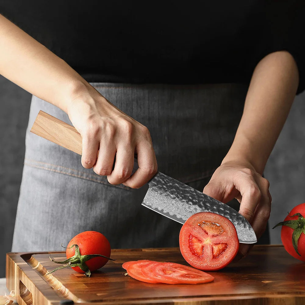 Santoku Knife 125mm – Handmade Japanese Damascus Steel, Vegetable & Utility Cleaver
