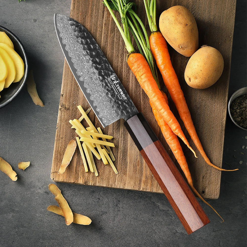 Santoku Knife 125mm – Handmade Damascus Steel, Octagonal Handle, Japanese Utility Knife