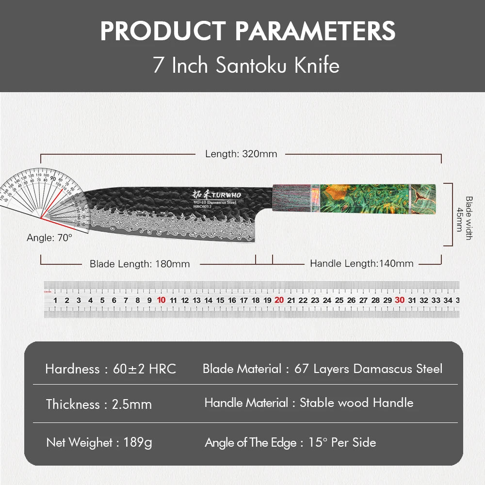 Santoku Knife 180mm – Hand-Forged 67-Layer Damascus Steel, Japanese All-Purpose Knife