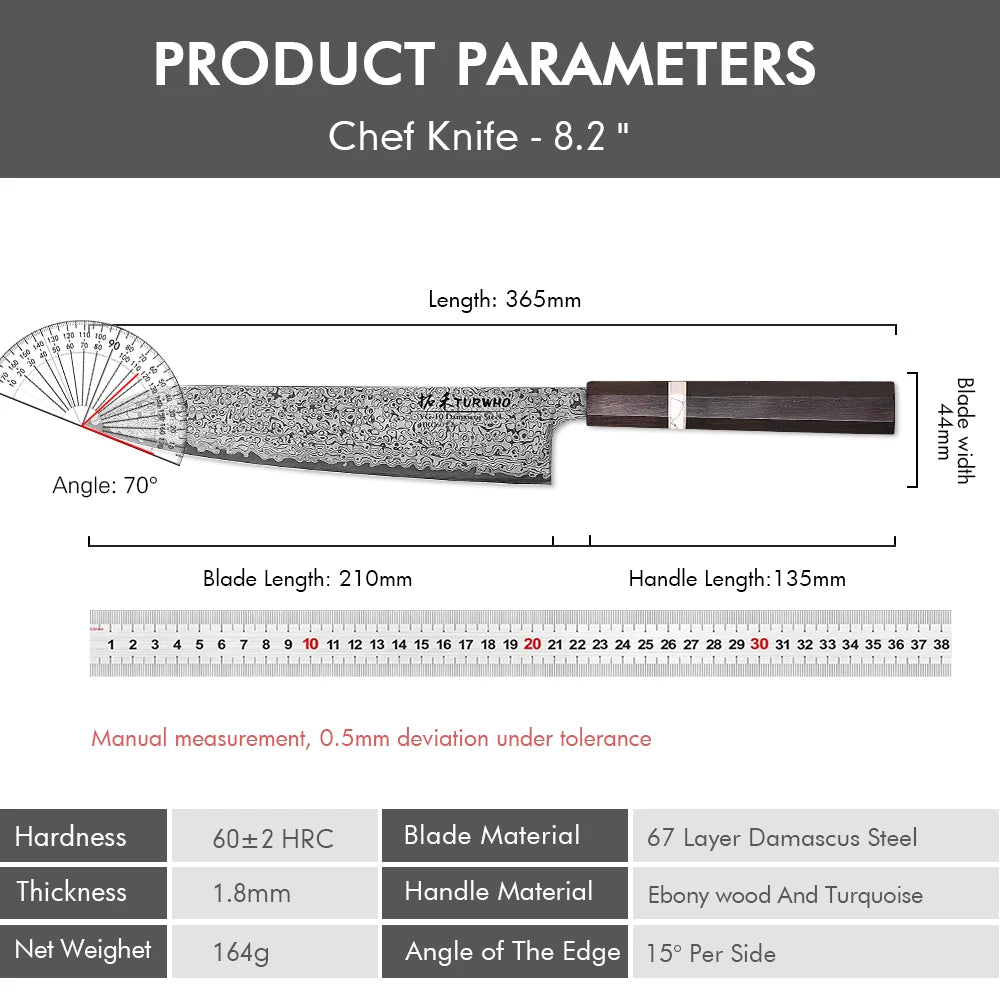 Gyuto Knife 210mm – Hand-Forged Damascus Steel, Japanese Chef’s Knife