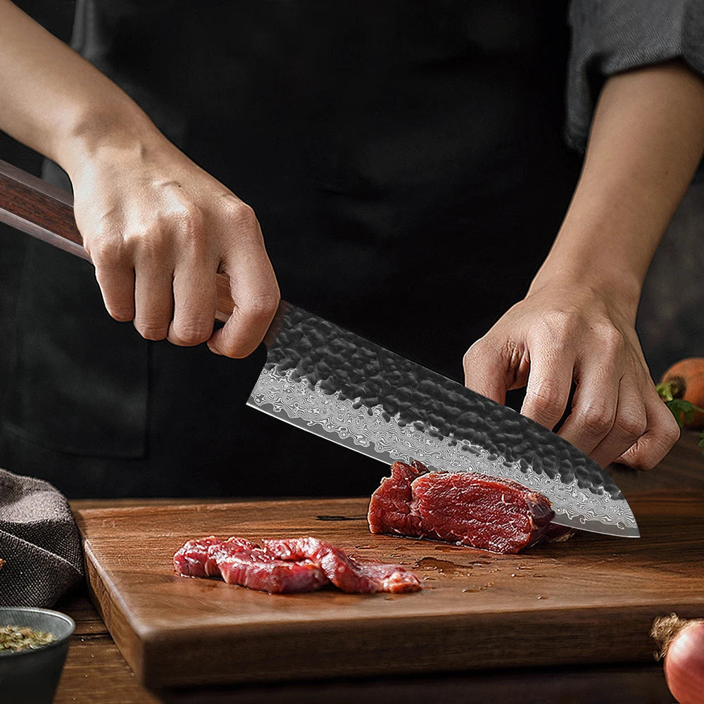 Santoku Knife 180mm – Hand-Forged Japanese Damascus Steel, Versatile Slicing Utility