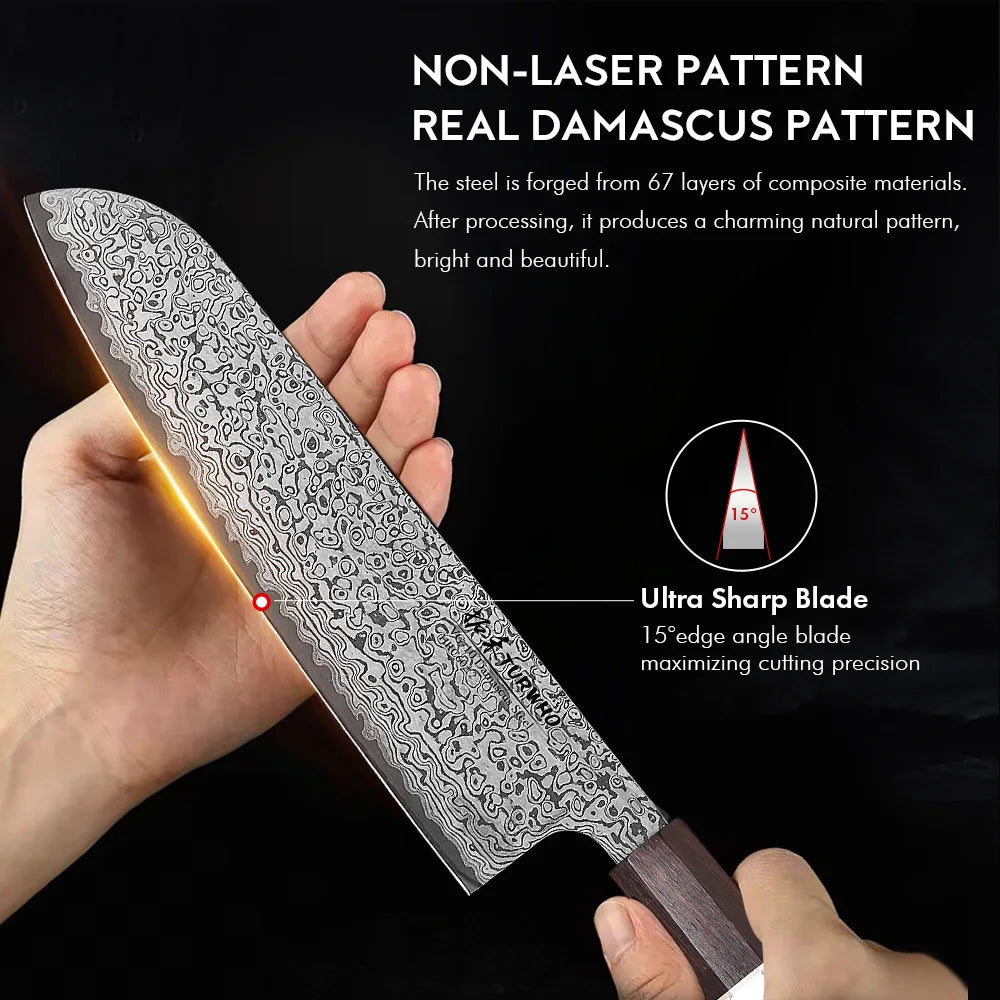 Santoku Knife 180mm – Hand-Forged Real Damascus Steel, Japanese All-Purpose Chef Knife