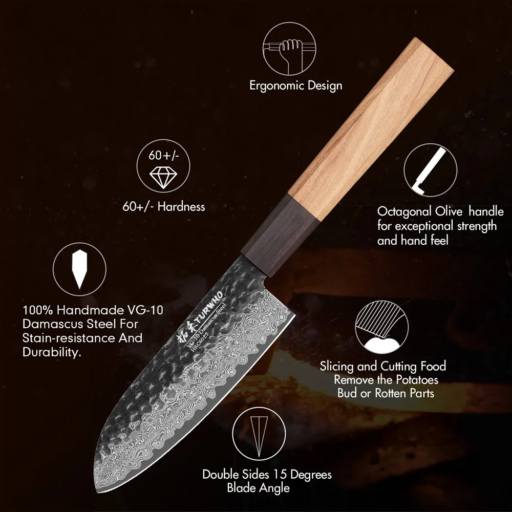 Santoku Knife 125mm – Handmade Japanese Damascus Steel, Vegetable & Utility Cleaver