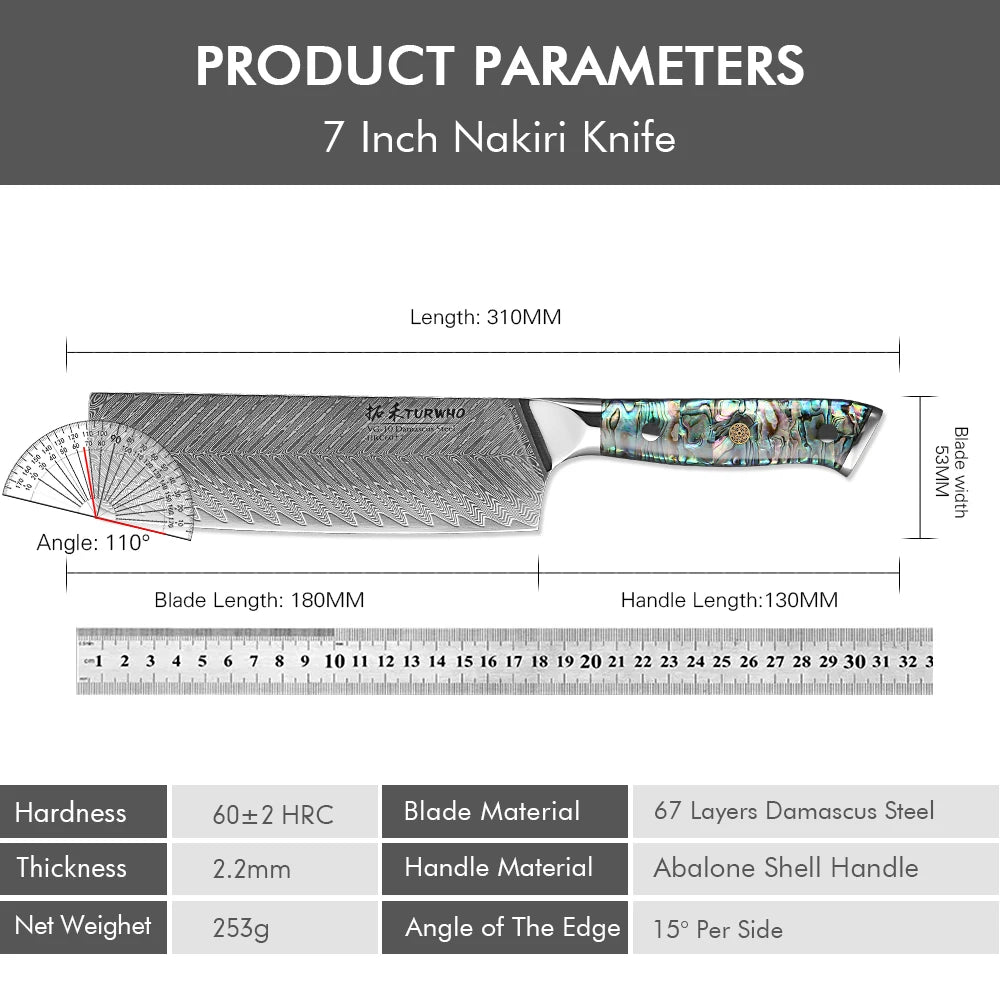 Nakiri Knife 180mm – Damascus Steel, Japanese Vegetable Cleaver