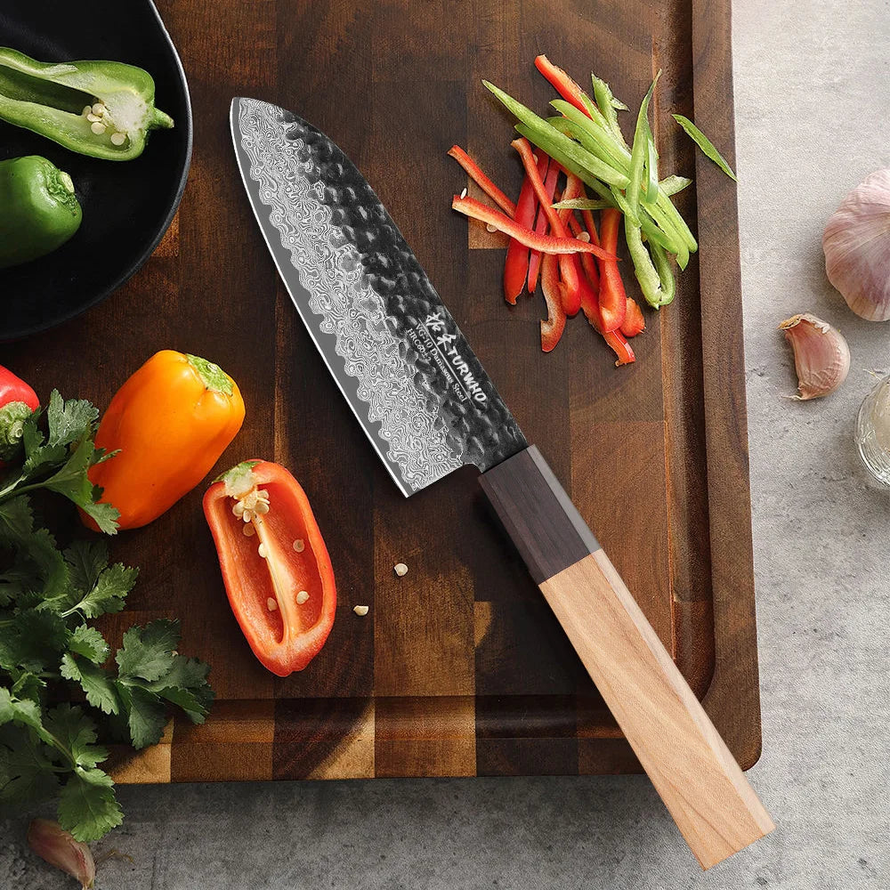 Santoku Knife 125mm – Handmade Japanese Damascus Steel, Vegetable & Utility Cleaver