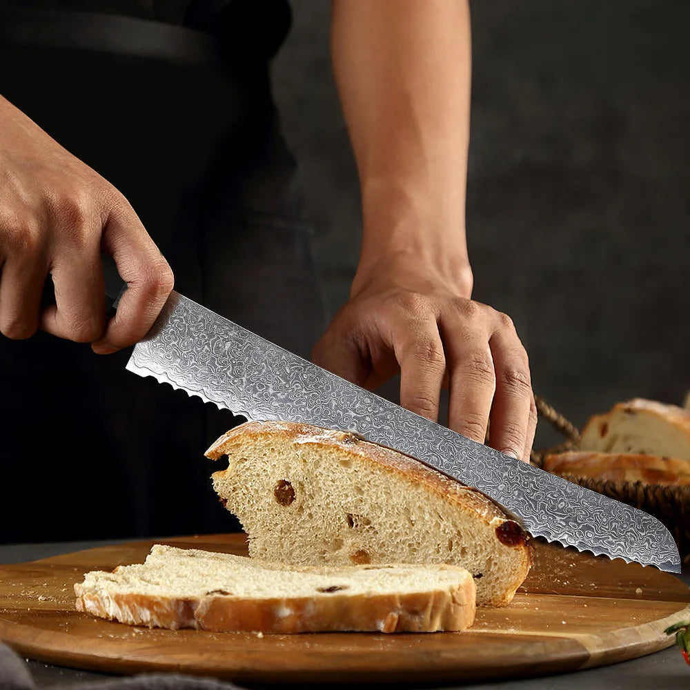Serrated Bread Knife 215mm – Hand-Forged Damascus Steel, Ideal for Bread, Toast & Cake