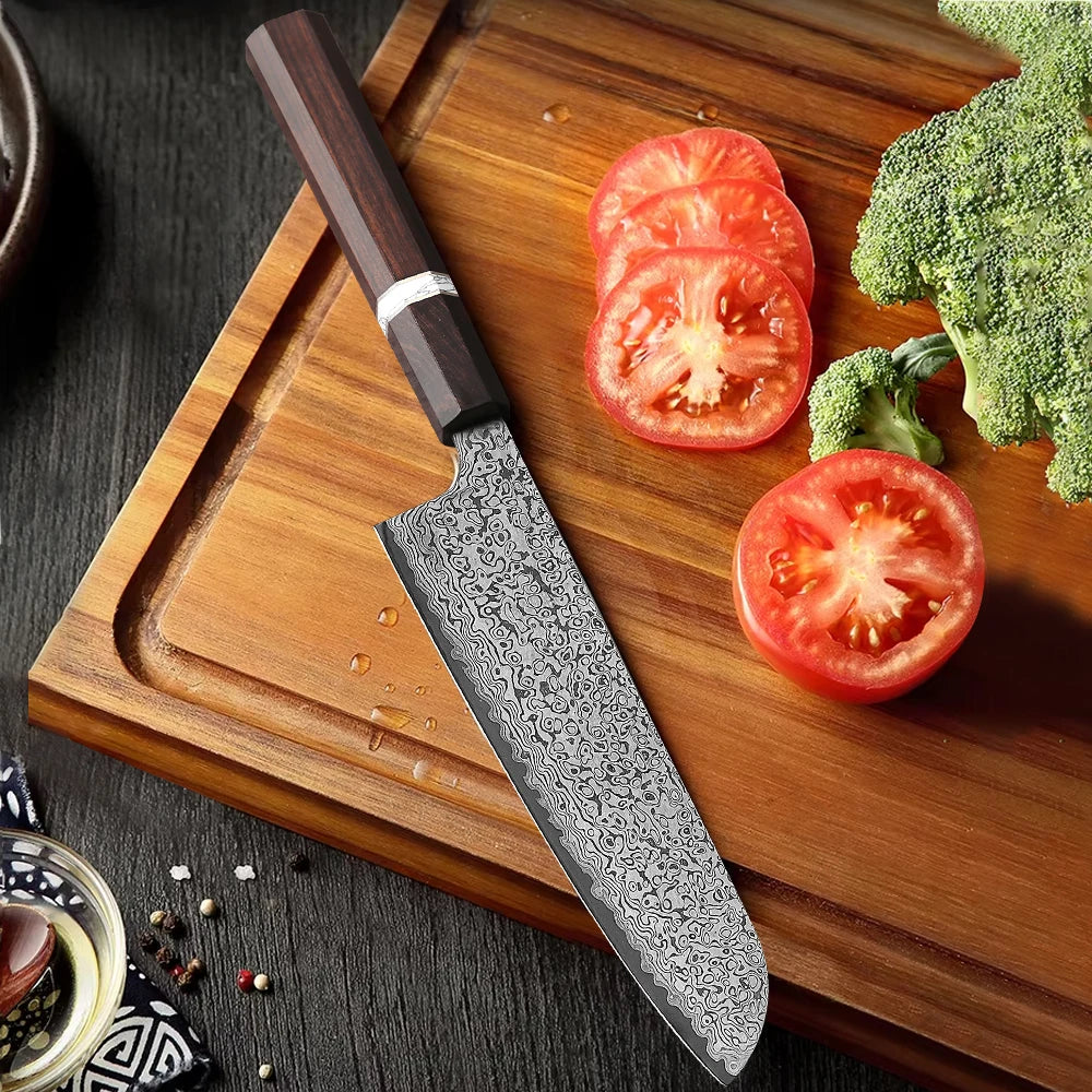 Santoku Knife 180mm – Hand-Forged Real Damascus Steel, Japanese All-Purpose Chef Knife