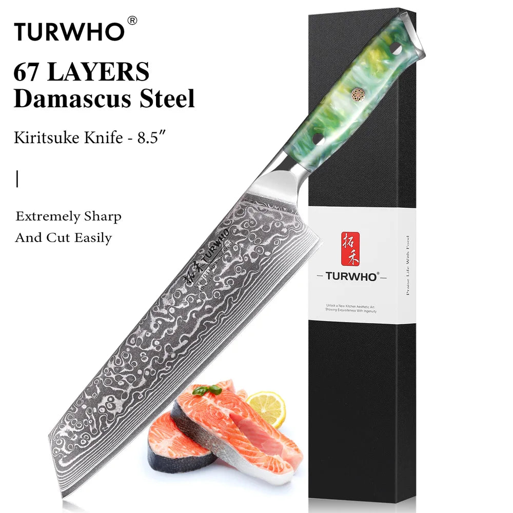 Kiritsuke Knife 210mm – VG10 Damascus Steel, Resin Handle