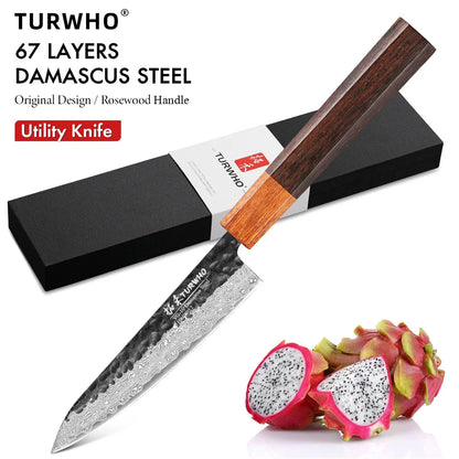 Utility Knife 125mm – Hand-Forged 67-Layer Damascus Steel, Japanese Style