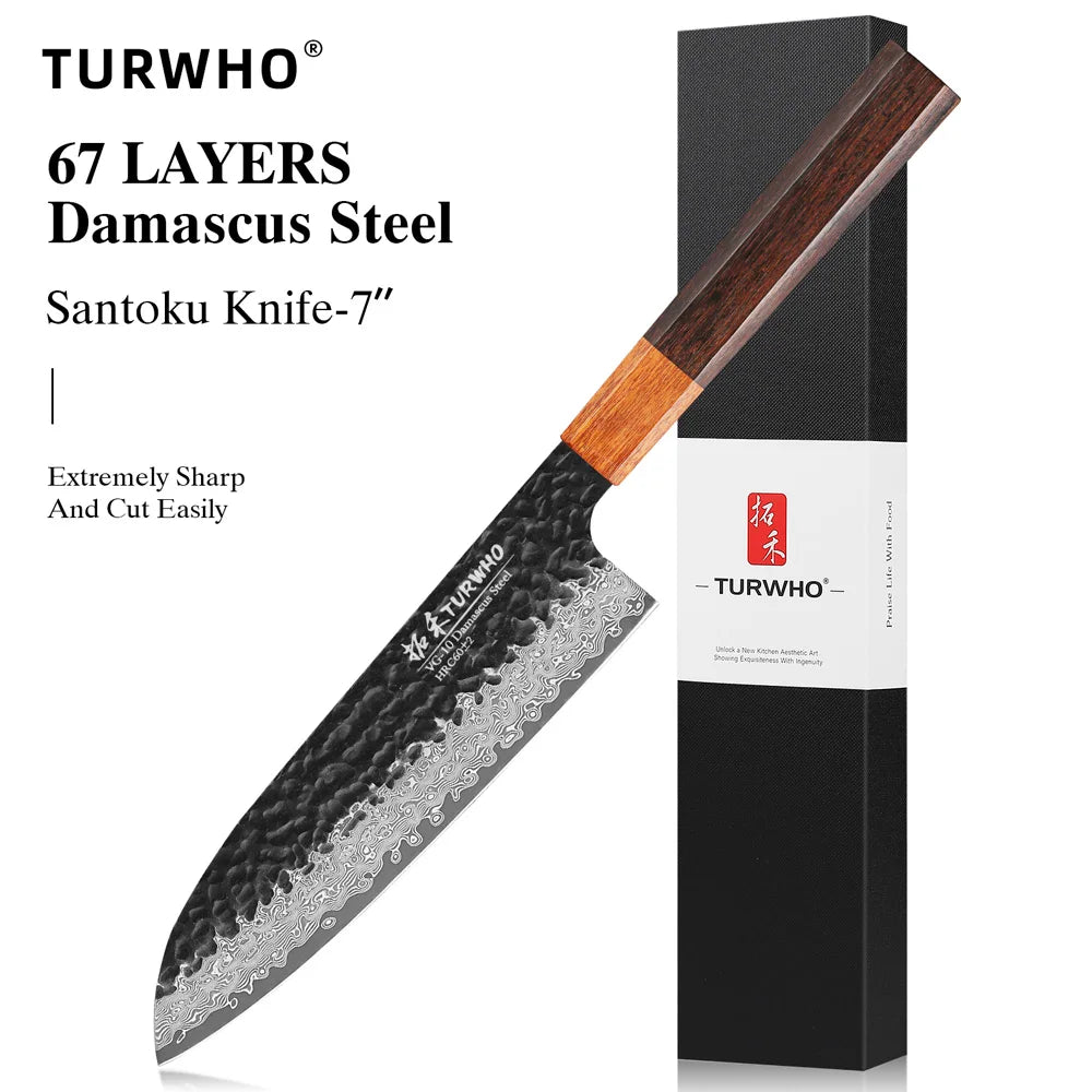 Santoku Knife 180mm – Hand-Forged Japanese Damascus Steel, Versatile Slicing Utility