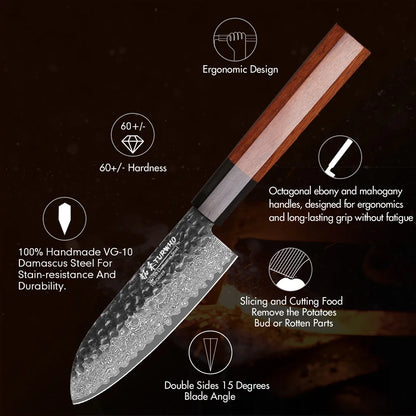 Santoku Knife 125mm – Handmade Damascus Steel, Octagonal Handle, Japanese Utility Knife