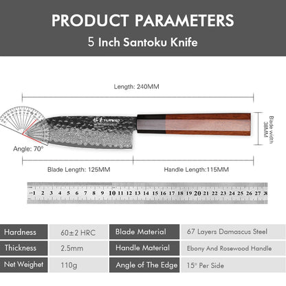 Santoku Knife 125mm – Handmade Damascus Steel, Octagonal Handle, Japanese Utility Knife