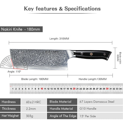 Nakiri Knife 180mm – Damascus Steel, G10 Handle, Japanese Vegetable Slicer