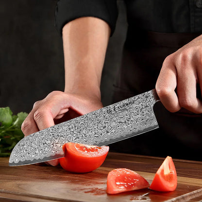 Santoku Knife 180mm – Hand-Forged Real Damascus Steel, Japanese All-Purpose Chef Knife