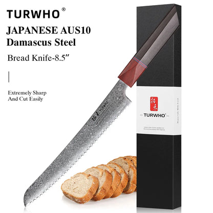 Serrated Bread Knife 215mm – Hand-Forged Damascus Steel, Ideal for Bread, Toast & Cake