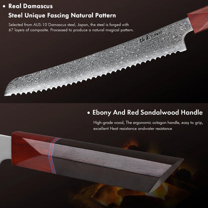 Serrated Bread Knife 215mm – Hand-Forged Damascus Steel, Ideal for Bread, Toast & Cake