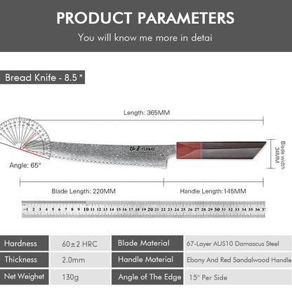 Serrated Bread Knife 215mm – Hand-Forged Damascus Steel, Ideal for Bread, Toast & Cake