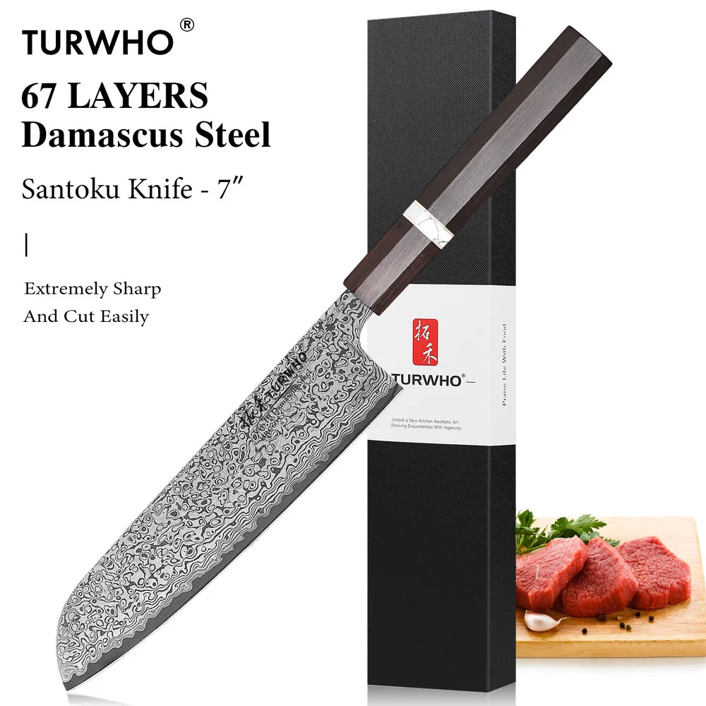 Santoku Knife 180mm – Hand-Forged Real Damascus Steel, Japanese All-Purpose Chef Knife
