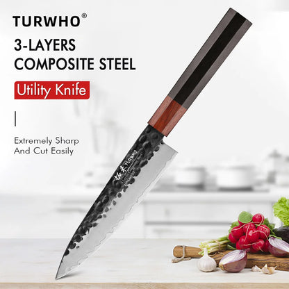 Utility Knife 140mm – Hand-Forged 3-Layer Composite Steel, Paring & Prep Knife