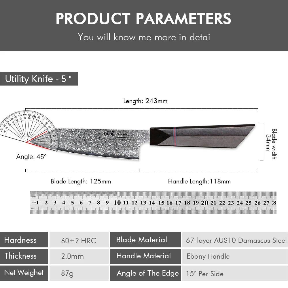 Kiritsuke Utility Knife 125mm – VG10 Damascus Steel, Compact Japanese Design