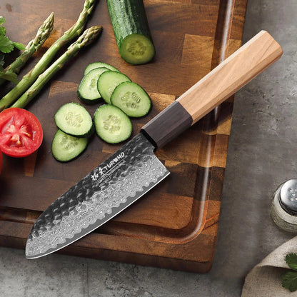Santoku Knife 125mm – Handmade Japanese Damascus Steel, Vegetable & Utility Cleaver