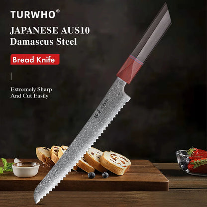 Serrated Bread Knife 215mm – Hand-Forged Damascus Steel, Ideal for Bread, Toast & Cake