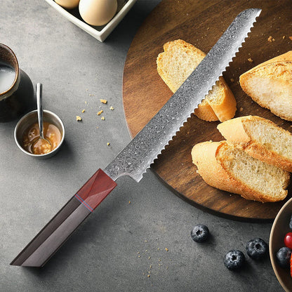Serrated Bread Knife 215mm – Hand-Forged Damascus Steel, Ideal for Bread, Toast & Cake